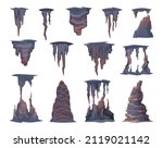 Stalagmite stones. Mountains natural rocks objects in cave exact vector collection set