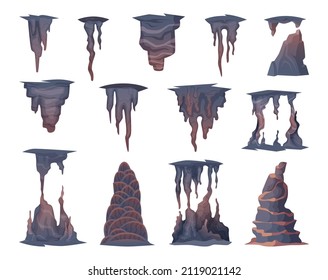 Stalagmite stones. Mountains natural rocks objects in cave exact vector collection set