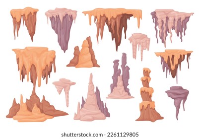 Stalagmites. Stalagmite and stalactite underwater cave or stone cavern, limestone formations geological speleology rock spike mineral structure vector illustration of stalagmite rock stalactite