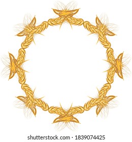 un tallo con una oreja de trigo sobre un fondo blanco aislado. patrón de espigas que conforman el patrón de un círculo, corona o emblema. Una serie de formas de puntas.