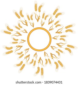 a stalk with an ear of wheat on a white background isolated. pattern of spikelets that make up the pattern of a circle, wreath, or emblem. A series of spikelet shapes.