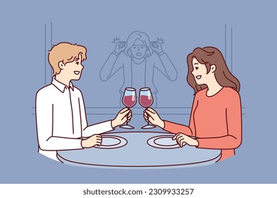 Stalker girl is watching date of former boyfriend drinking wine in restaurant with new girlfriend. Concept of jealousy and surveillance of loved one going on date or betrayal from cheating husband