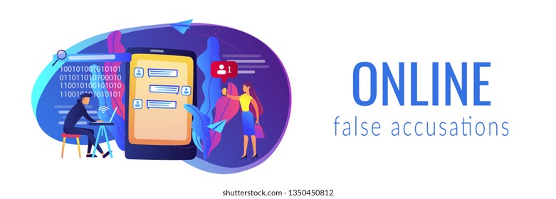 Stalker with laptop controls and intimidates the victim with messages. Cyberstalking, pursuit of social identity, online false accusations concept. Header or footer banner template with copy space.