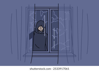 Stalker peers out of apartment window at night, causing fear due to violation of personal space. Stalker follows victim to commit crimes or find out secret information using deceptive methods.