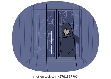 Stalker peers out of apartment window at night, causing fear due to violation of personal space. Stalker follows victim to commit crimes or find out secret information using deceptive methods.