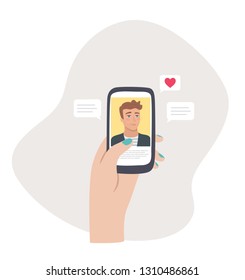 Stalking boyfriend on social media. Cyberstalking. Sending heart and text to a handsome man on social application. Searching for romantic relationship. Vector illustration