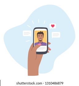 Stalking boyfriend on social media. Cyberstalking. Sending heart and text to a handsome man on social application. Searching for romantic relationship. Vector illustration