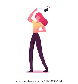 Stalking or Bullying with Phone Concept. Woman Throw Out Phone Ignoring Incoming Call from Anonymous or Ex Boyfriend. Character Ignore Stalker Caller, Scammer or Stranger. Cartoon Vector Illustration