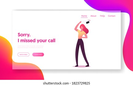 Stalking or Bullying with Phone Landing Page Template. Woman Throw Out Phone Ignoring Call from Anonymous or Ex Boyfriend. Character Ignore Stalker, Scammer or Stranger. Cartoon Vector Illustration