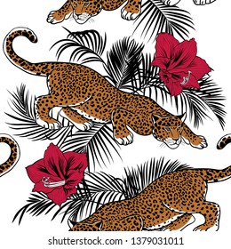   
The stalking jaguar, palm leaves and amaryllis flowers. Exotic vector seamless pattern.Jungle texture.