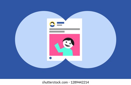 Stalking on the social media and social networking site - victim's post and image on the internet is followed by voyeurist follower and pursuer. Vector illustration