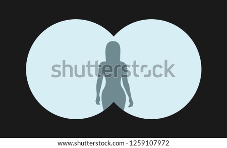 Stalking, snooping and stealthy chasing of beautiful and sexy woman. Voyeurism - attractive female with curvy figure is watched though binoculars. 