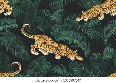 The stalking wild jaguar and palm leaves. 
Exotic seamless pattern on a dark background. Hand drawn jungle texture. Vector illustration.