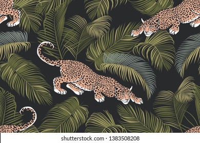 The stalking wild jaguar and palm leaves. 
Exotic seamless pattern on a dark background. Hand drawn jungle texture. Vector illustration.