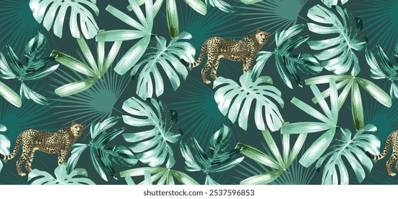 The stalking wild jaguar and palm leaves. Exotic seamless pattern on a dark background. Hand drawn jungle texture. Vector illustration.
