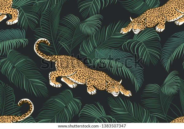 The stalking wild jaguar and palm leaves.

Exotic seamless pattern on a dark background. Hand drawn jungle
texture. Vector
illustration.