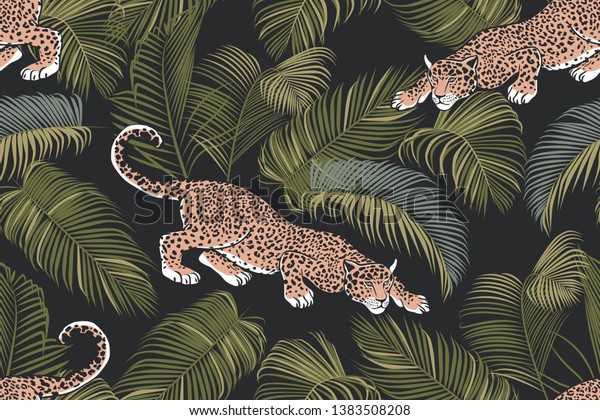 The stalking wild jaguar and palm leaves.\
\
Exotic seamless pattern on a dark background. Hand drawn jungle\
texture. Vector\
illustration.