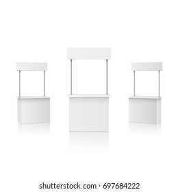 Stall or blank information promo booth isolated on white background. Vector empty exhibition table stand display set. Clear plastic counter mock up or kiosk template for your presentation design