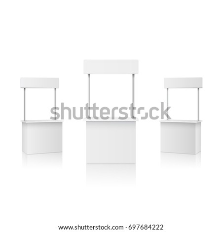 Stall or blank information promo booth isolated on white background. Vector empty exhibition table stand display set. Clear plastic counter mock up or kiosk template for your presentation design