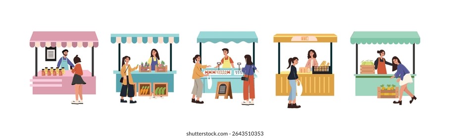 Stall collection. Set of food stall. Set of people buy street food. Fruit stand. Seafood stand. Farmer market. 