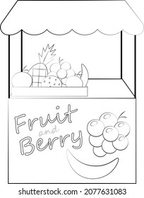 Stall counter with fruit and berry. Draw illustration in black and white