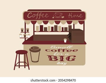 Stall counter selling coffee. Flat vector illustration of a  street stall with a canopy and coffee machine. Stylish wooden counter with coffee to take away. Street food.