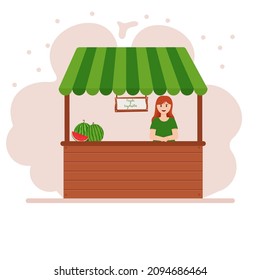 Stall Counters. Food market counter with fruits on shelves. Kiosk on white background