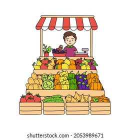 Stall counters. Street farmer's market booth with a selection of fruits and vegetables. Open local fair. Vector illustration. 