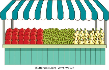 Stall of a grocery store or marketplace.Food products at the local farmers market.Vector cartoon illustration