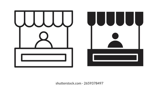 Stall icon set, line and black glyph style for food app website.