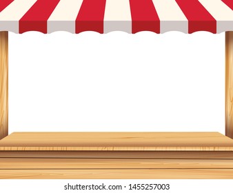 Stall with red awning on white background. Wooden market stall.