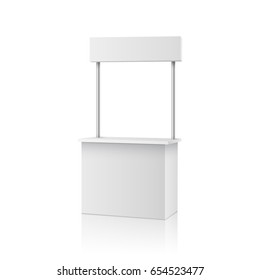 Stall, roll up or blank information promo booth isolated on white background. Vector empty exhibition table stand display. Clear plastic counter mock up or kiosk template for your presentation design