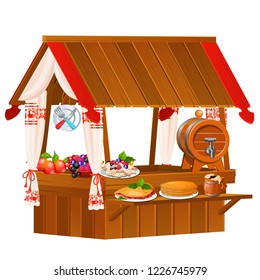 Stall for sale of food product isolated on white background. Tent on the marketplace. Vector cartoon close-up illustration.