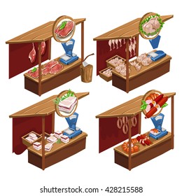 Stall for sale of meat. Vector illustration.