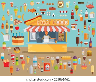 Stall sells fast food. Flat vector