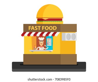 Stall sells fast food. Flat vector