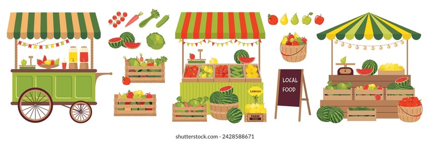 A stall set with fruits and vegetables. Local food at the farmer's market. A fruit cart with fruits. Local markets with a set of illustrations with various fruits and vegetables. Vector illustrations.