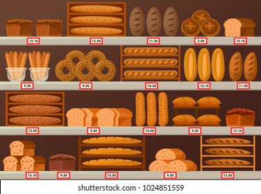 Stall or stand at baker shop or store. Showcase of bread and labels or stickers with prices. Sliced butterbrot bread and baguette or baton, brick of anadama bread. Bakery and pastry, food theme
