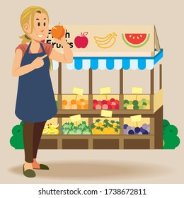 Stall Street Market Vector Illustration. Market Kiosk With Fruit Shop. Local Farmer Produce Shop Keeper. Fruit And Vegetables Retail Business Owner Working In His Own Store. Flat Style Illustration.