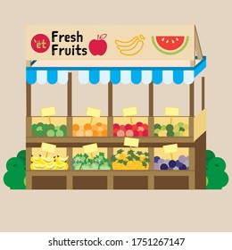 Stall Street Market Vector Illustration. Market Kiosk With Fruit Shop. Local Farmer Produce Shop Keeper. Flat Style Illustration.