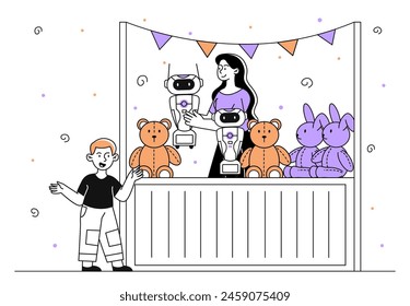 Stall with toys simple. Woman sell robots and fluffy animals to boy. Amusement park. Entertainment, fun and leisure for children. Doodle flat vector illustration isolated on white background