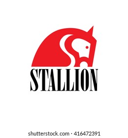 Stallion Horse emblem in red Logo design vector template equestrian Mustang icon