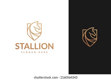 cabeza de caballo de stallion y escudo con contorno de línea diseño de logotipo de monolina