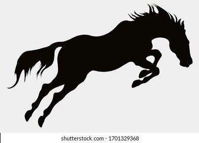 Stallion leaps up, with its head lowered. Black silhouette of a horse overcomes an obstacle. A steed makes a powerful jump.