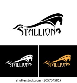logotipo de stallion diseño abstracto tipografía vectorial silueta de caballo en colores negro y blanco y dorado