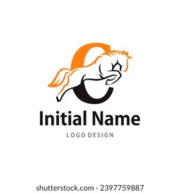 Stallion Logo of Initial Letter C Equestrianism Horse equine sign vector.
