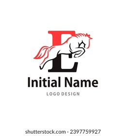 Stallion Logo of Initial Letter E Equestrianism Horse equine sign vector.