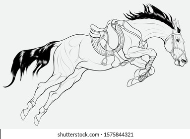 Stallion overcomes an obstacle in a powerful jump. Illustration of a steed equipped for show jumping competition with shabrack and bandages. Linear vector clip art for cross-country equestrianis