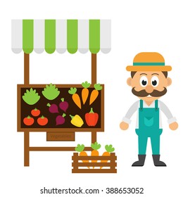 stalls and cartoon man and vegetables