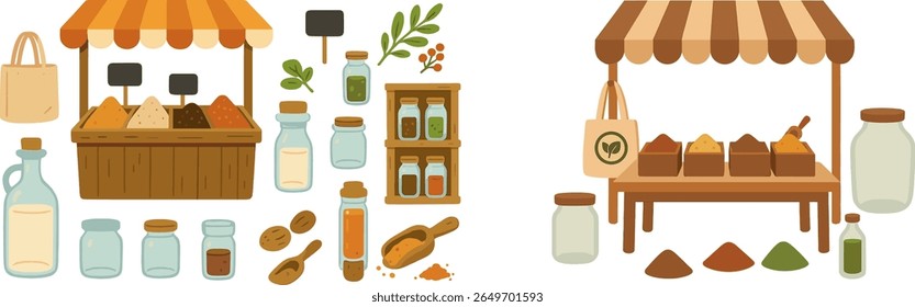 Stalls filled with various spices, jars, and utensils are arranged for customers in an outdoor market. The colorful setup invites exploration and sampling of different flavors.